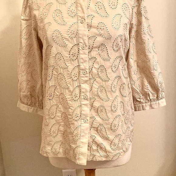Linea by Louis Dell’Olio Cream Paisley Embroidered Puff Short Sleeve Top Size M - Picture 3 of 10